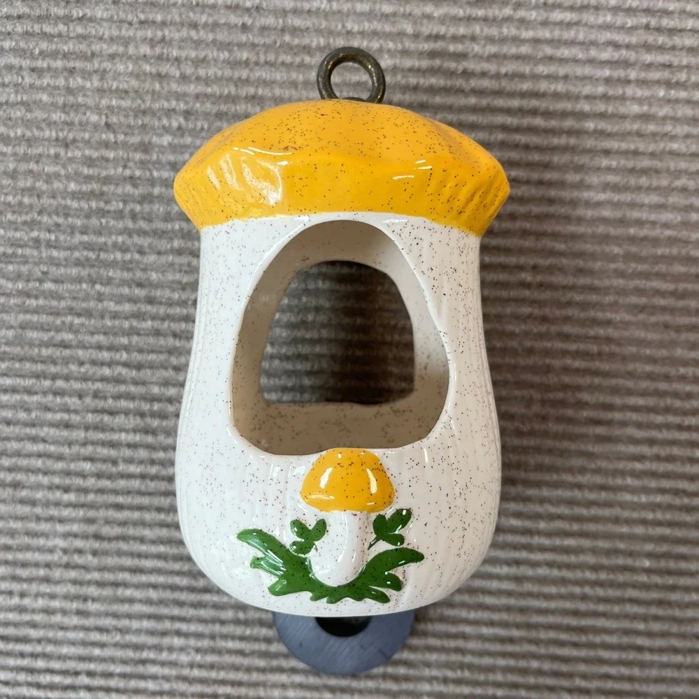 Ceramic Mushroom Birdhouse Hanging Planter Yellow Speckled Cottagecore Retro